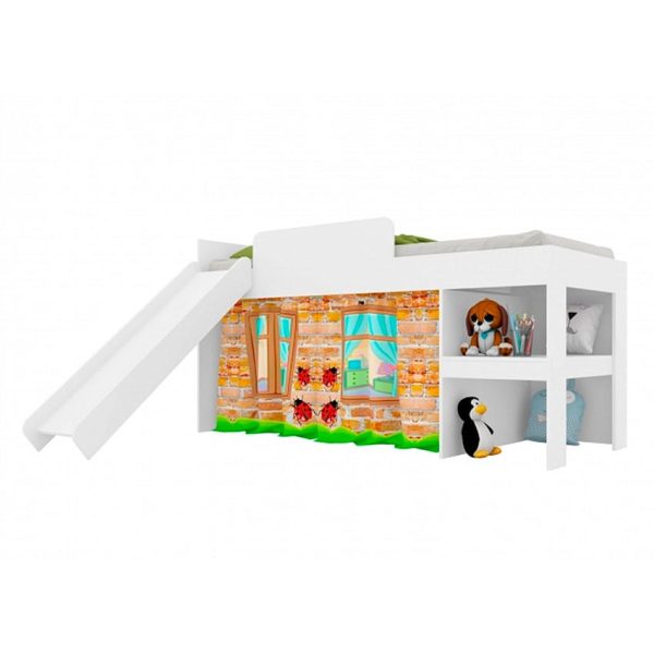 Cama infantil Playground blanco con rodadero y estantes para juguetes