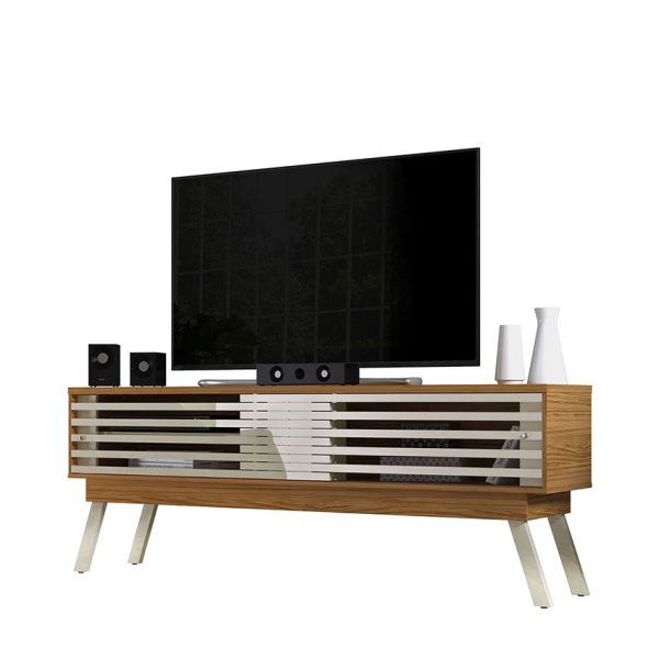 La mesa de tv 75" Frizz 1.8 ofrece amplios módulos de almacenamiento con puerta corrediza. Disponible en tres tonos diferentes
