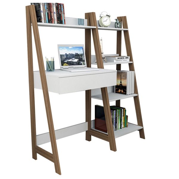 Combo de escritorio más biblioteca y silla con patas de madera