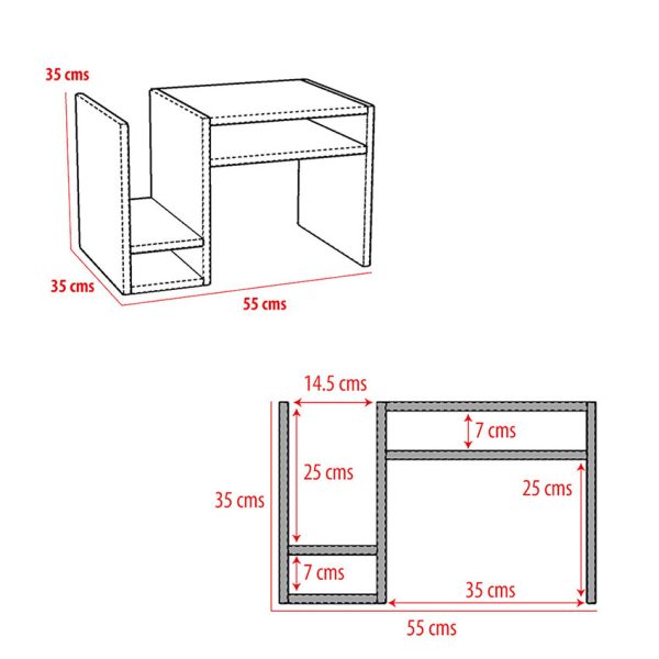 Mesa multifuncional con diferentes compartimientos que puede ser ubicada horizontal o verticalmente en cualquier espacio del hogar