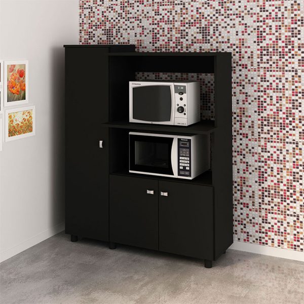 Mueble auxiliar negro para cocina con tres puertas para guardar utensilios y alimentos y con espacio para electrodomésticos