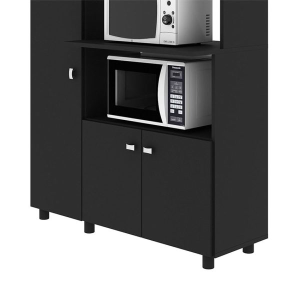 Mueble auxiliar negro para cocina con tres puertas para guardar utensilios y alimentos y con espacio para electrodomésticos