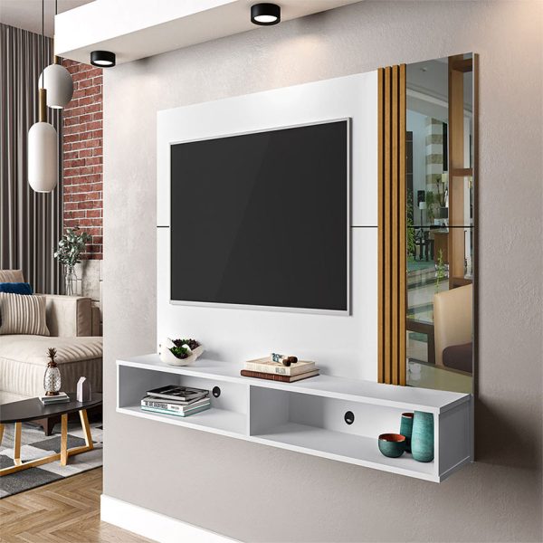 Panel tv ideal para televisor de hasta 55" con dos espejos y dos compartimientos para guardar objetos electrónicos