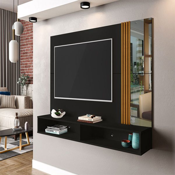 Panel tv ideal para televisor de hasta 55" con dos espejos y dos compartimientos para guardar objetos electrónicos