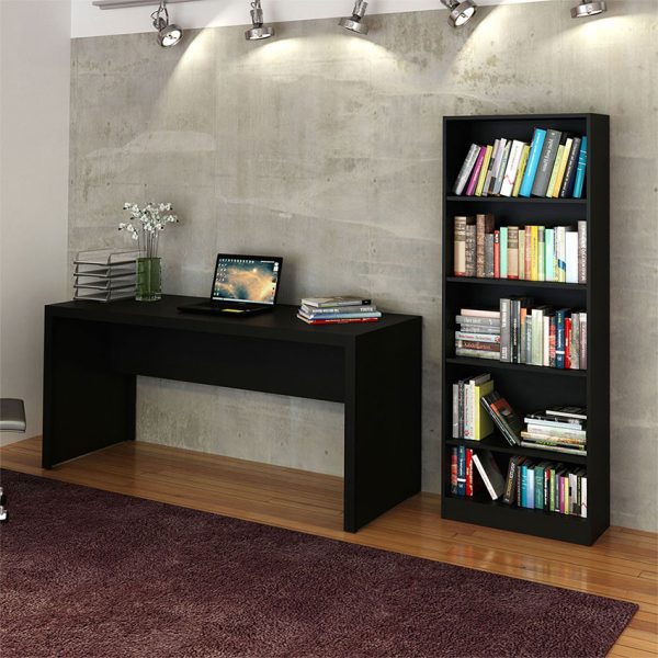 Escritorio y biblioteca de color negro, ideal para diferentes espacios para organizar diferentes libros o elementos