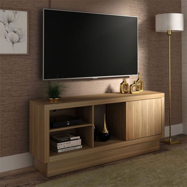 Mesa de televisión ideal para un televisor de hasta 55 pulgadas con una puerta y tres compartimientos
