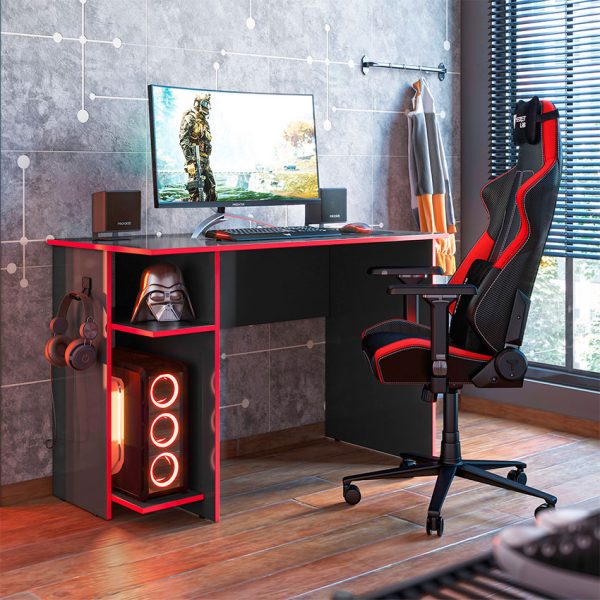 escritorio gamer moderno con espacio para pc y gancho para audífonos