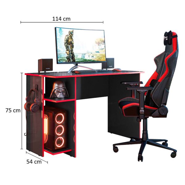 escritorio gamer moderno con espacio para pc y gancho para audífonos